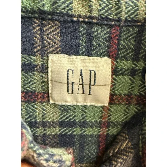 Vintage 1990s Gap Plaid Flannel Button Up Shirt/jacket Boys Medium Leather Logo - Picture 3 of 5
